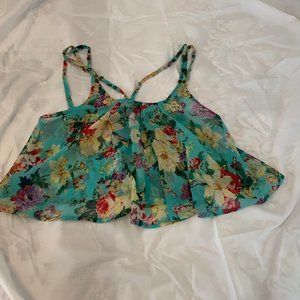 Millau Blue Sheer Double Strap Cropped Floral Shirt Size S